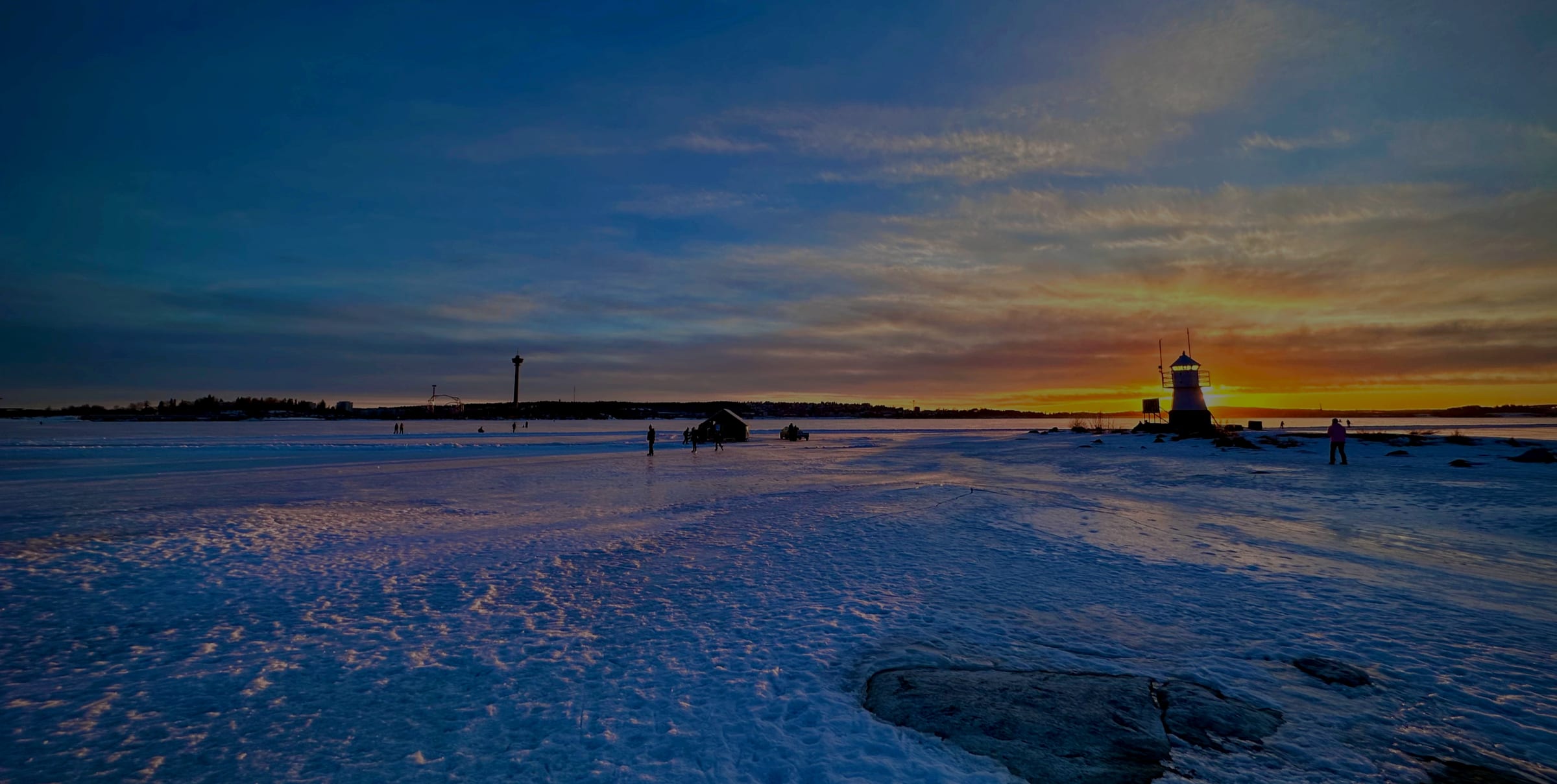 Sunset over a frozen lake